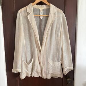 EILEEN FISHER | Cream Linen Open Weave Mesh Single Breasted Blazer | Large